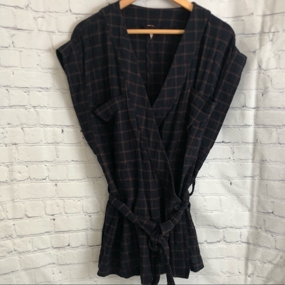 Free People Black and Brown Plaid Vest